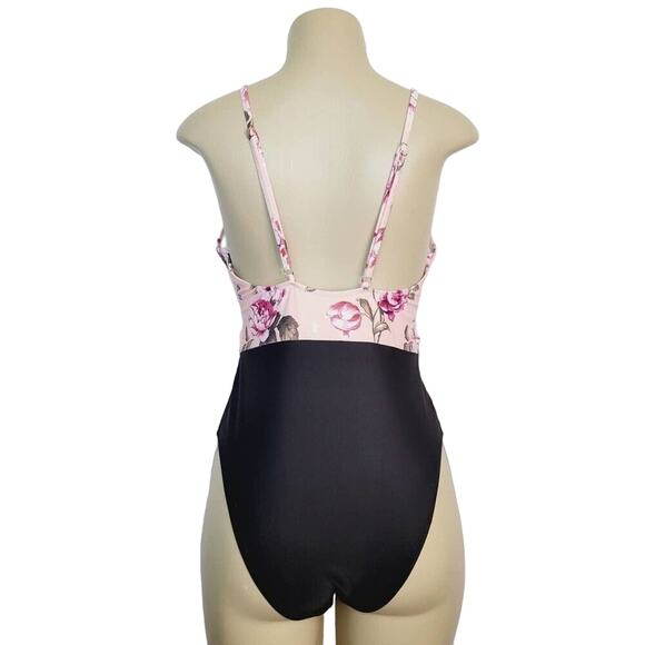 Pat Pat Womens Size XL Black & Pink Flowered Deep V-Neck One Piece Swimsuit NWT - Picture 2 of 9